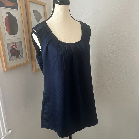 ESPRIT Navy Blue Satin Sleeveless Top Scoop Neck Rushing & Shoulder Detail Large - Picture 1 of 11